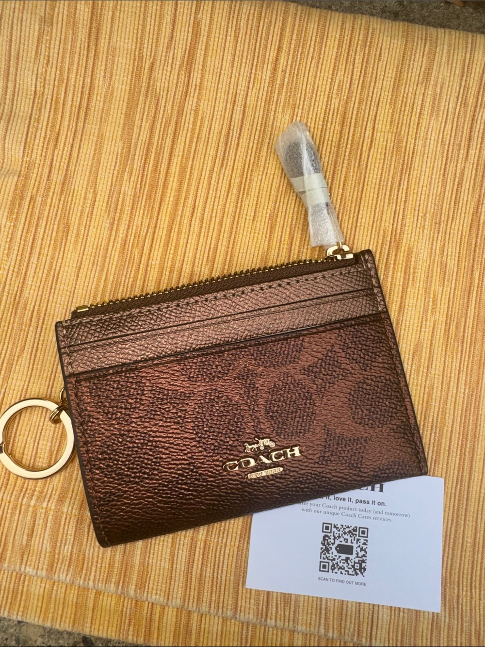 Coach Metallic Brown Signature Card Holder with Gold Keyring